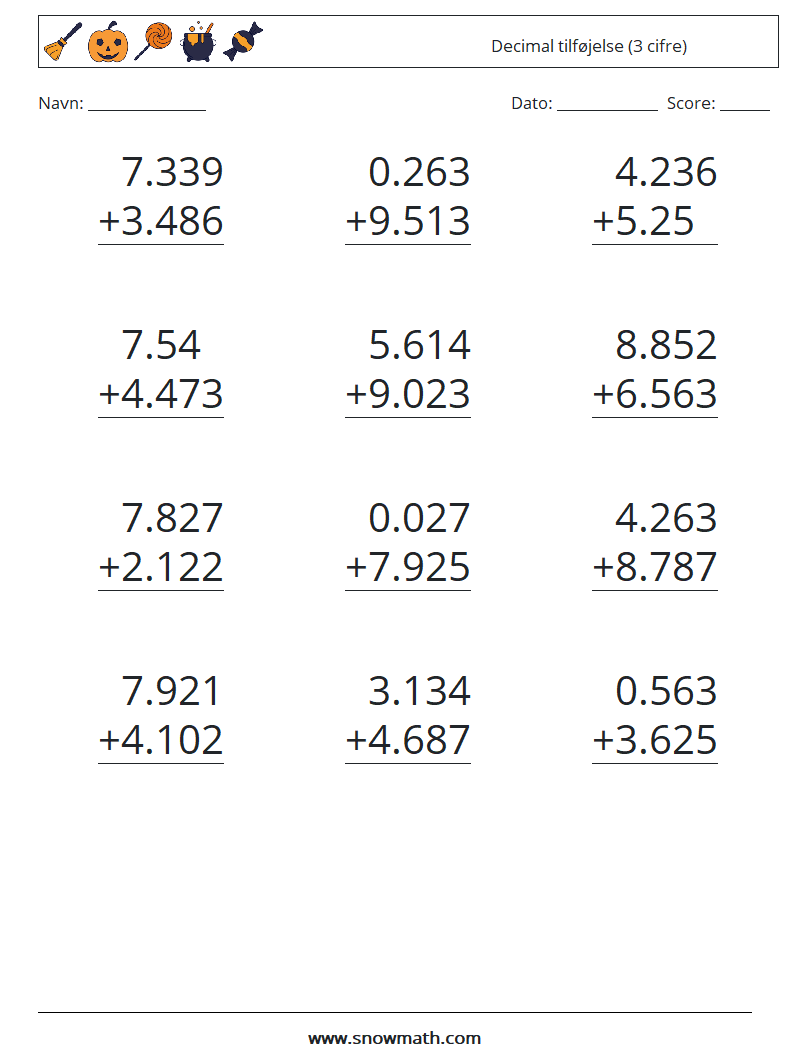 (12) Decimal tilføjelse (3 cifre) Matematiske regneark 12