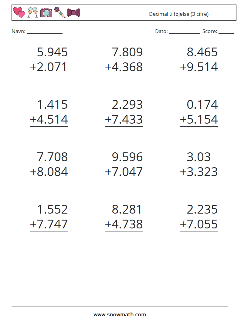 (12) Decimal tilføjelse (3 cifre) Matematiske regneark 13