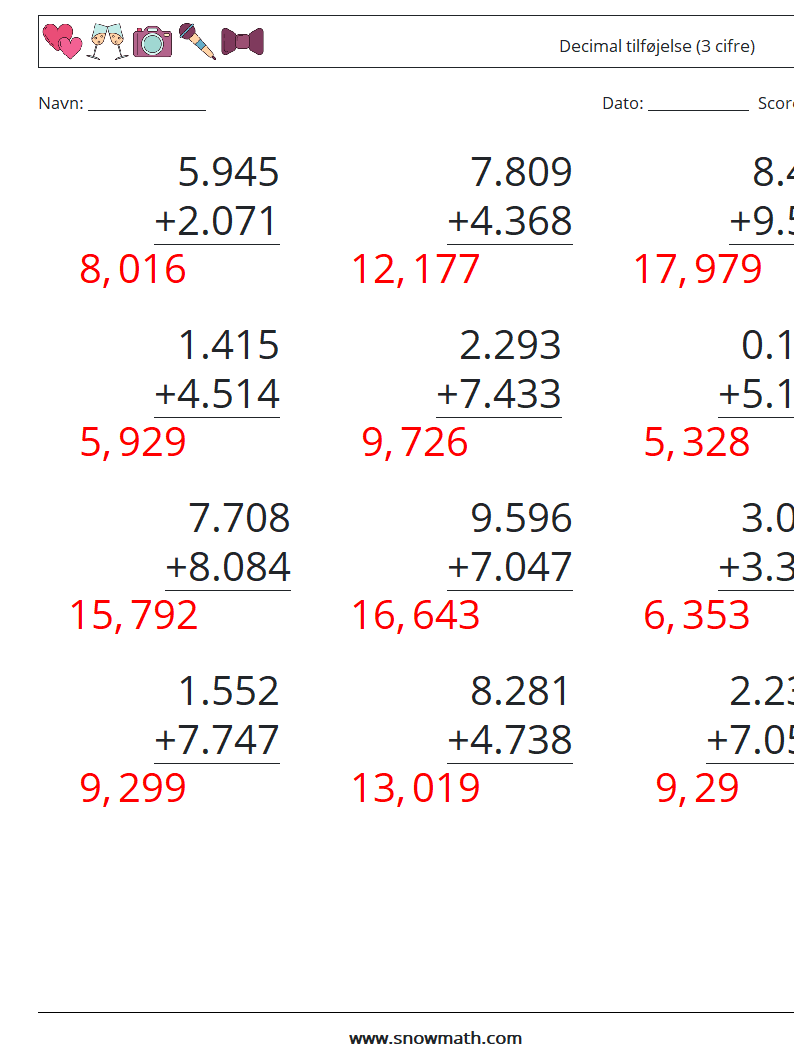 (12) Decimal tilføjelse (3 cifre) Matematiske regneark 13 Spørgsmål, svar