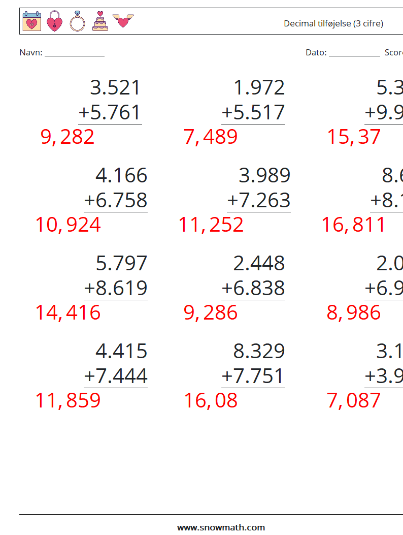 (12) Decimal tilføjelse (3 cifre) Matematiske regneark 14 Spørgsmål, svar