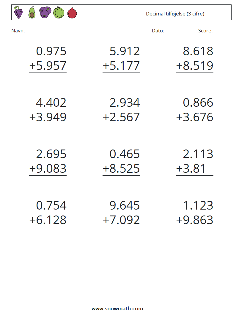 (12) Decimal tilføjelse (3 cifre) Matematiske regneark 15