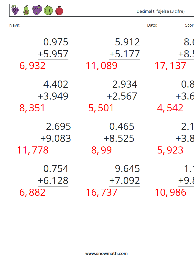 (12) Decimal tilføjelse (3 cifre) Matematiske regneark 15 Spørgsmål, svar