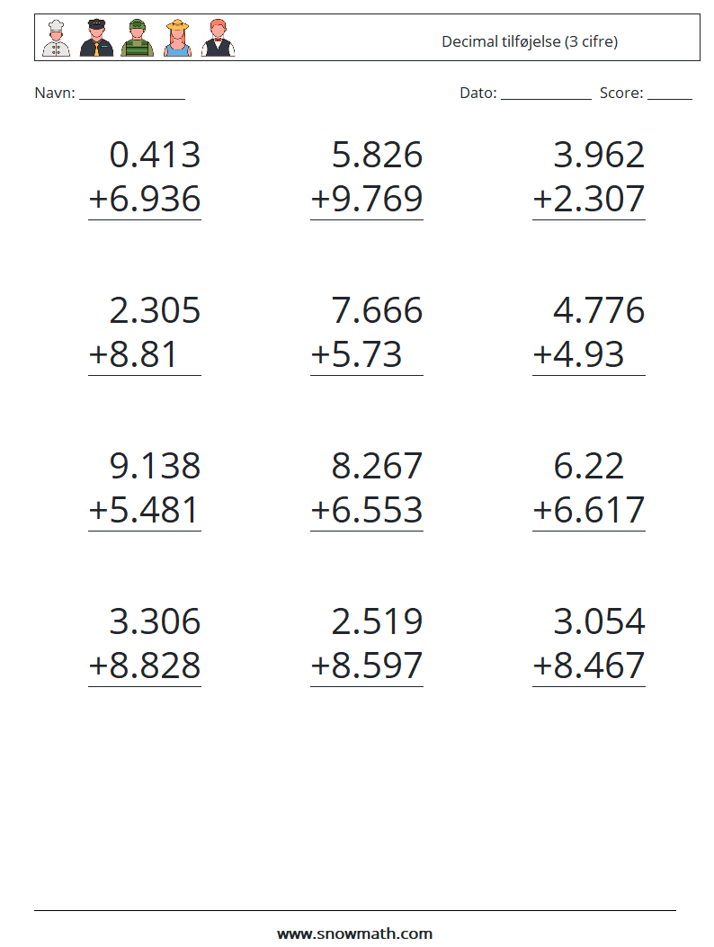 (12) Decimal tilføjelse (3 cifre) Matematiske regneark 16