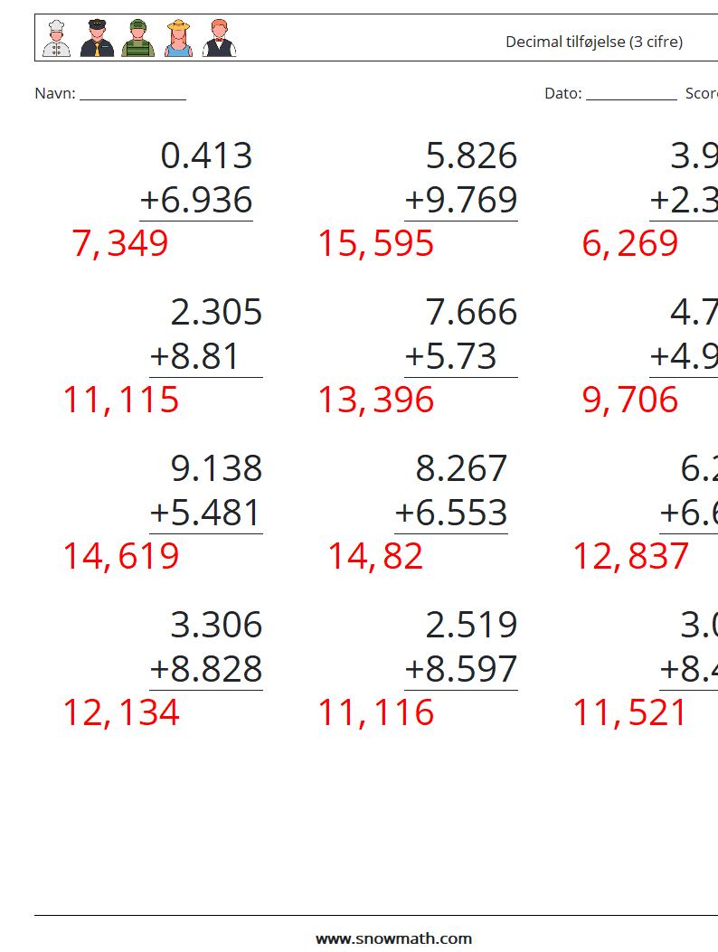 (12) Decimal tilføjelse (3 cifre) Matematiske regneark 16 Spørgsmål, svar