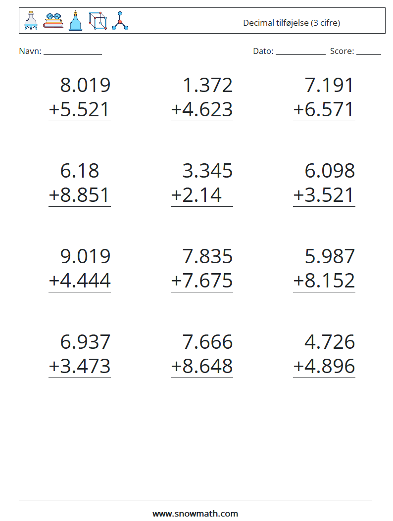 (12) Decimal tilføjelse (3 cifre) Matematiske regneark 17