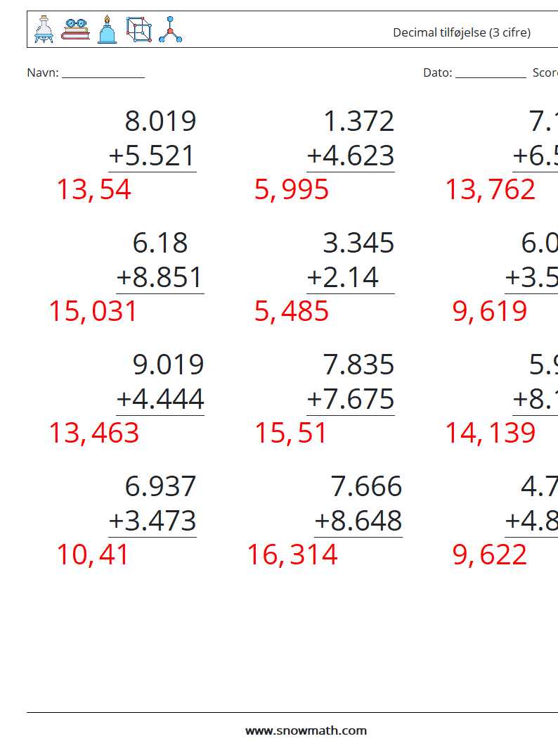 (12) Decimal tilføjelse (3 cifre) Matematiske regneark 17 Spørgsmål, svar