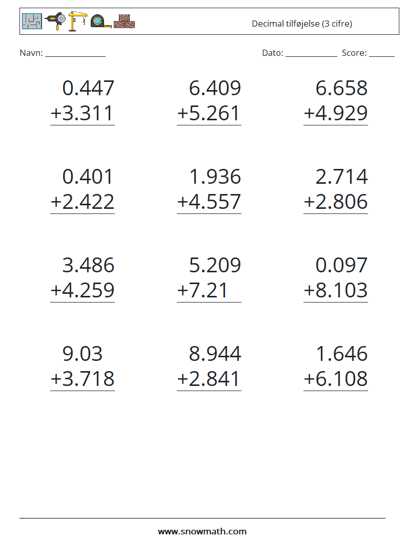 (12) Decimal tilføjelse (3 cifre) Matematiske regneark 18