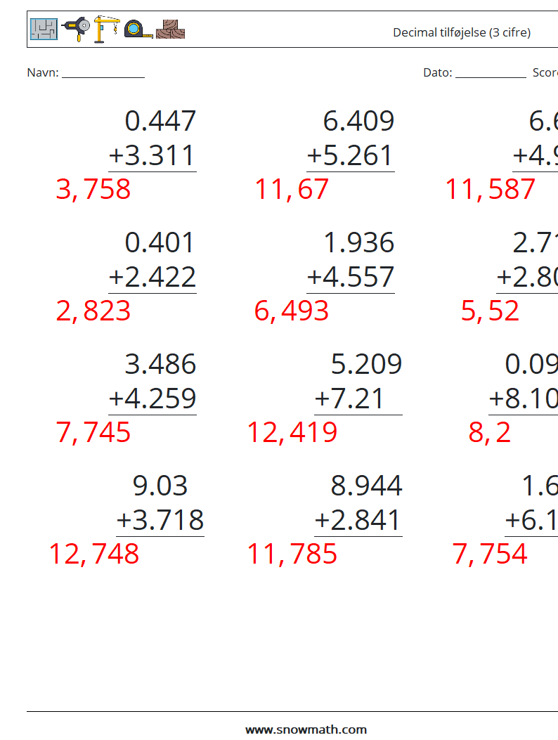 (12) Decimal tilføjelse (3 cifre) Matematiske regneark 18 Spørgsmål, svar