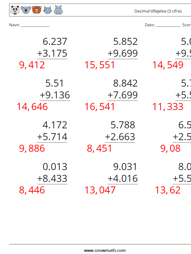 (12) Decimal tilføjelse (3 cifre) Matematiske regneark 1 Spørgsmål, svar