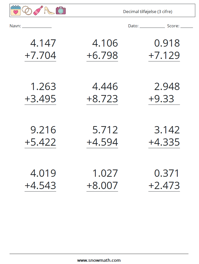 (12) Decimal tilføjelse (3 cifre) Matematiske regneark 2