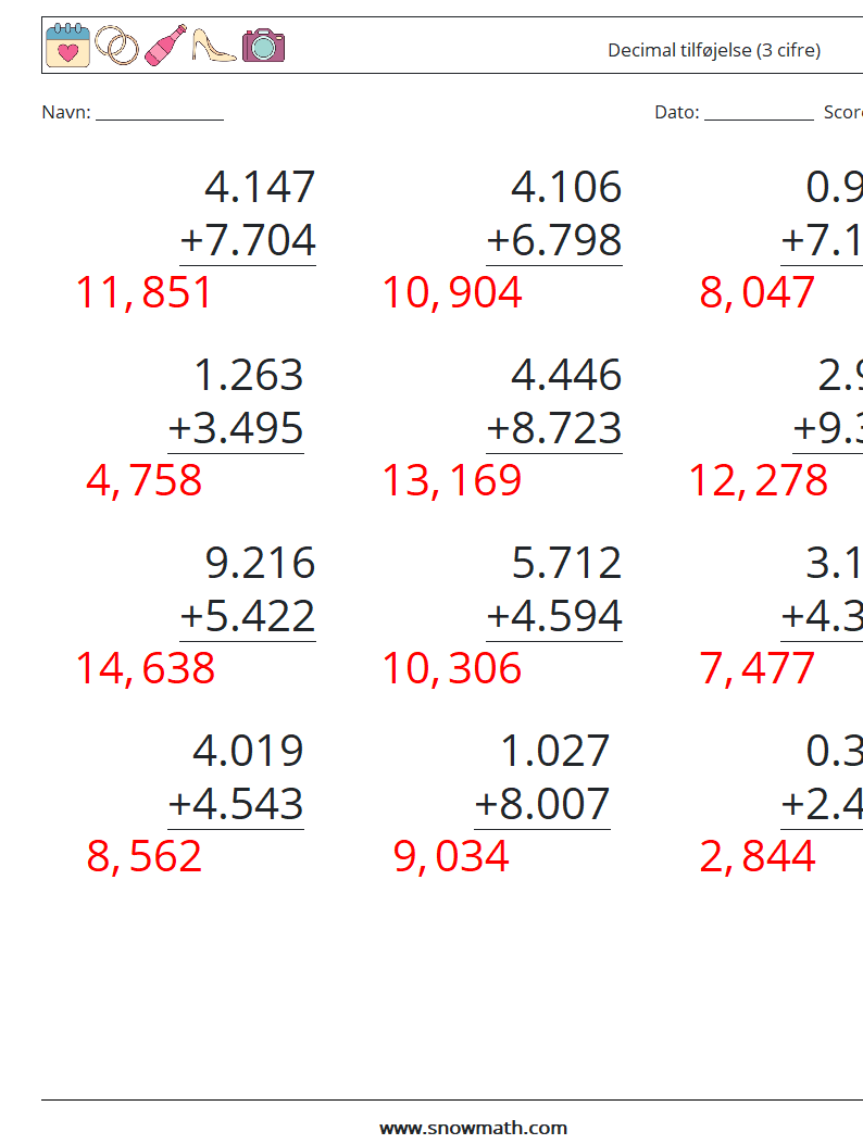 (12) Decimal tilføjelse (3 cifre) Matematiske regneark 2 Spørgsmål, svar