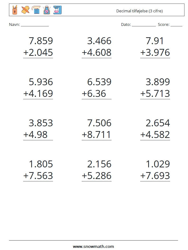 (12) Decimal tilføjelse (3 cifre) Matematiske regneark 3