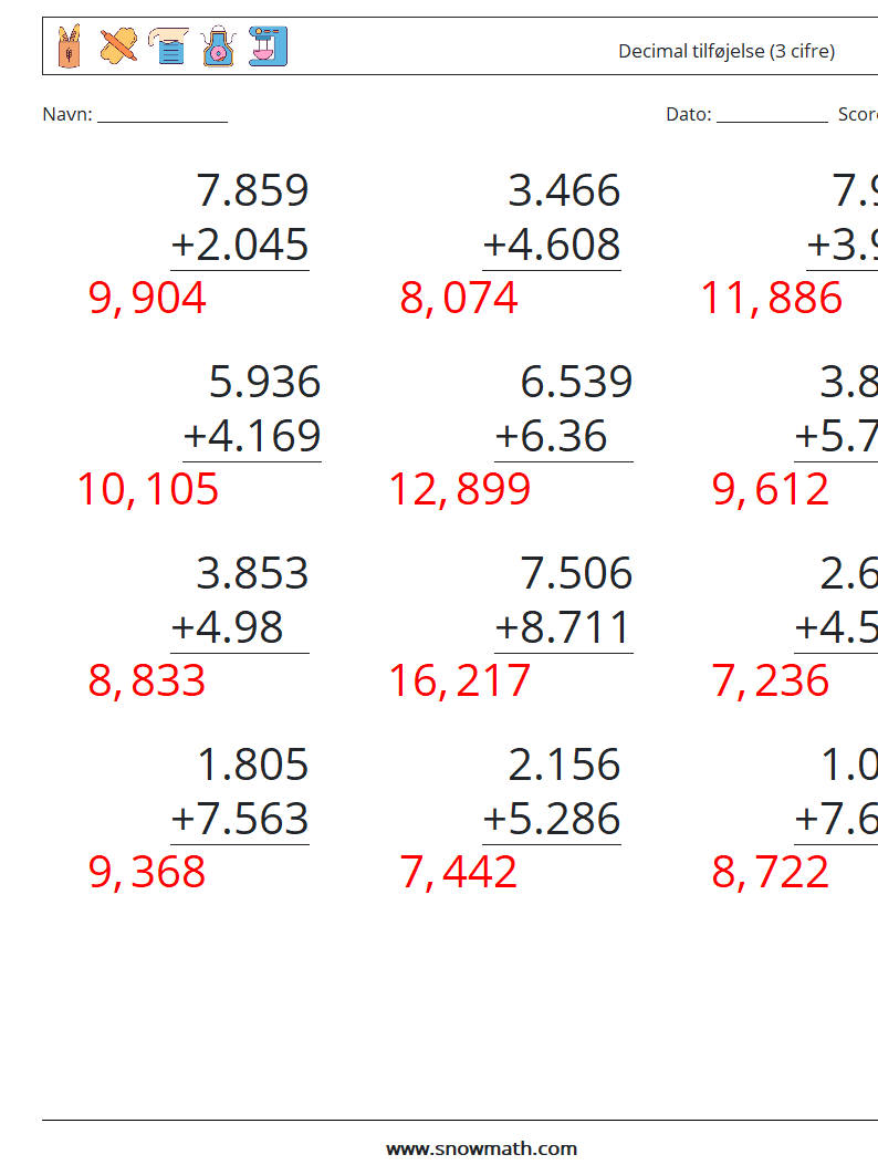 (12) Decimal tilføjelse (3 cifre) Matematiske regneark 3 Spørgsmål, svar