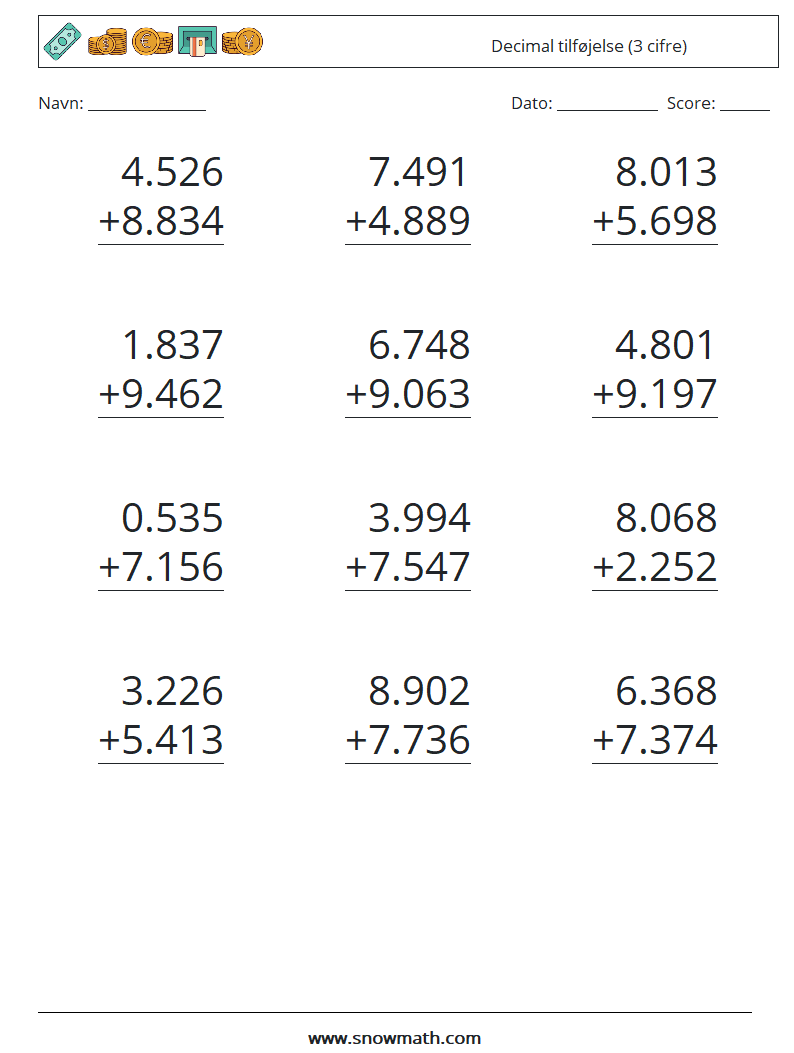 (12) Decimal tilføjelse (3 cifre) Matematiske regneark 4