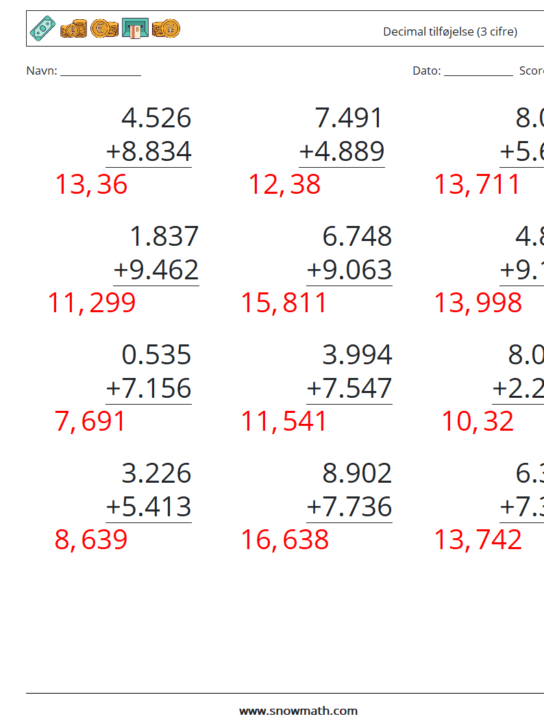 (12) Decimal tilføjelse (3 cifre) Matematiske regneark 4 Spørgsmål, svar