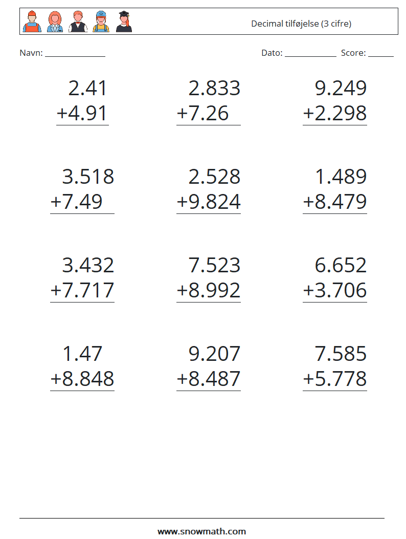 (12) Decimal tilføjelse (3 cifre) Matematiske regneark 5