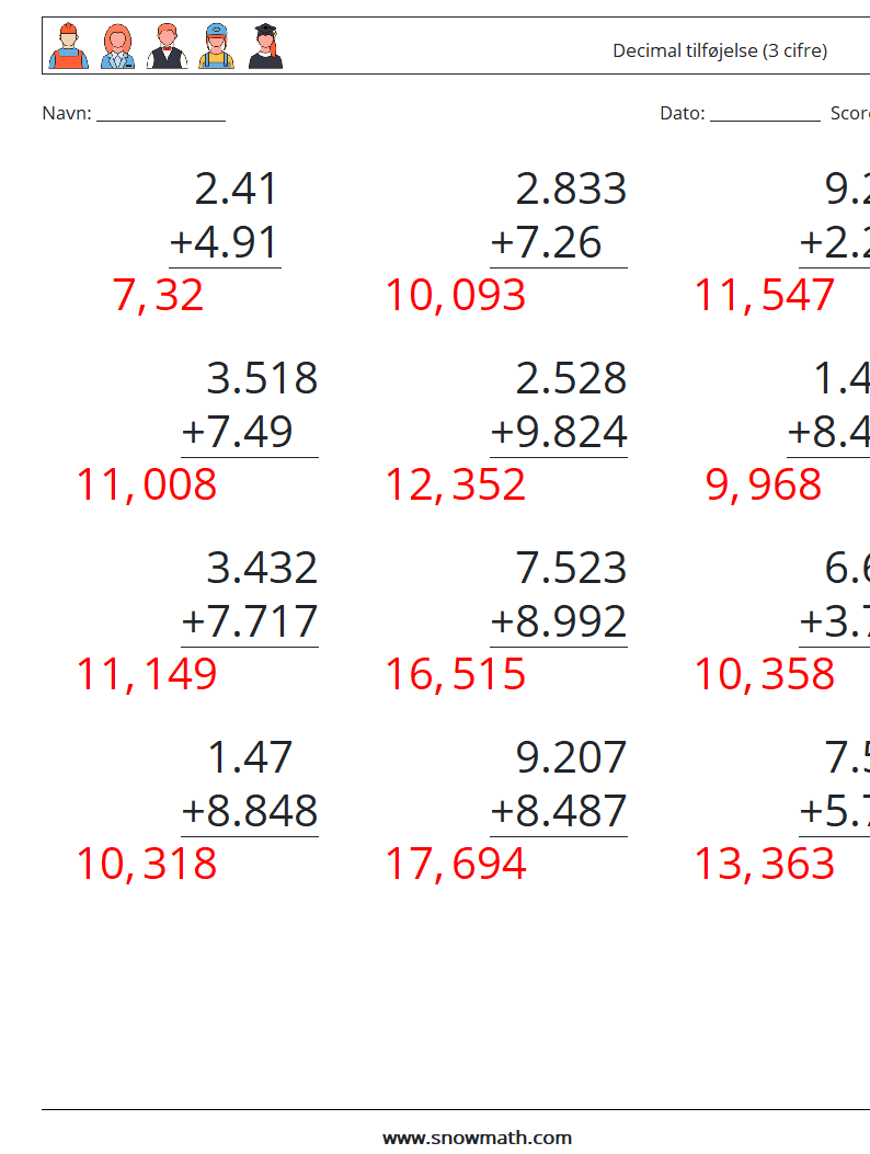 (12) Decimal tilføjelse (3 cifre) Matematiske regneark 5 Spørgsmål, svar