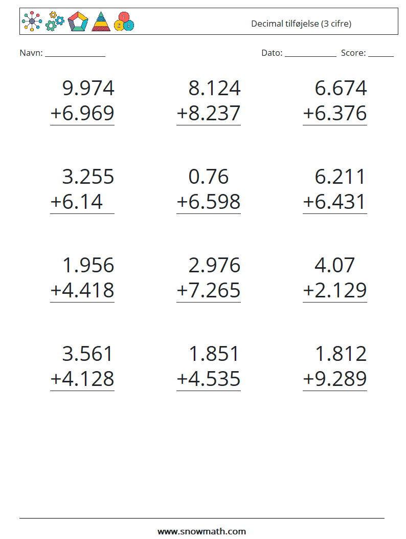 (12) Decimal tilføjelse (3 cifre) Matematiske regneark 6