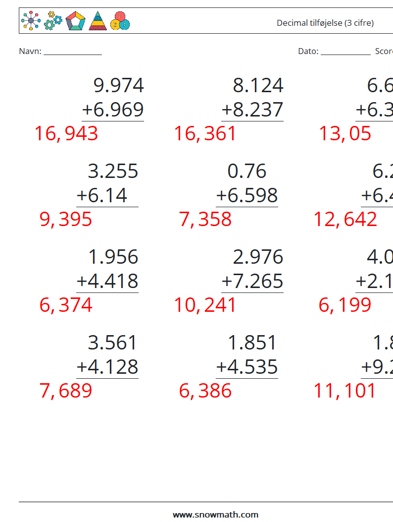 (12) Decimal tilføjelse (3 cifre) Matematiske regneark 6 Spørgsmål, svar