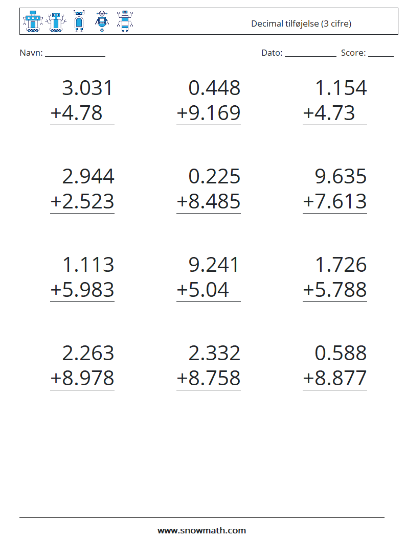 (12) Decimal tilføjelse (3 cifre) Matematiske regneark 7