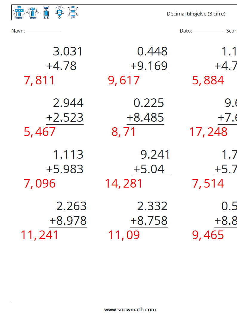 (12) Decimal tilføjelse (3 cifre) Matematiske regneark 7 Spørgsmål, svar