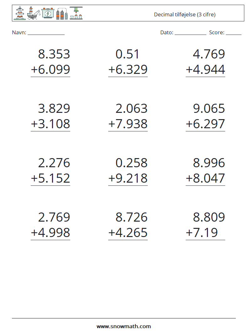 (12) Decimal tilføjelse (3 cifre) Matematiske regneark 8