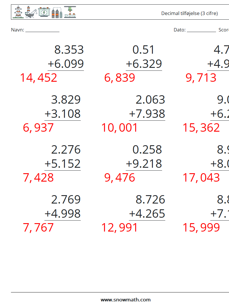 (12) Decimal tilføjelse (3 cifre) Matematiske regneark 8 Spørgsmål, svar