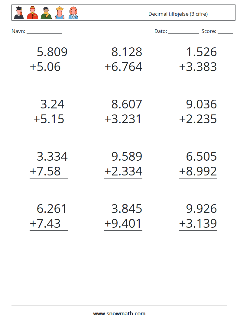 (12) Decimal tilføjelse (3 cifre) Matematiske regneark 9