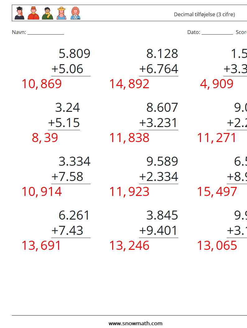 (12) Decimal tilføjelse (3 cifre) Matematiske regneark 9 Spørgsmål, svar