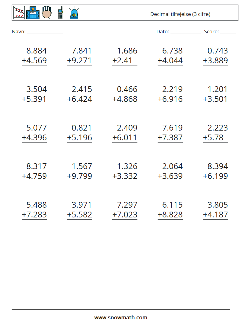 (25) Decimal tilføjelse (3 cifre) Matematiske regneark 1