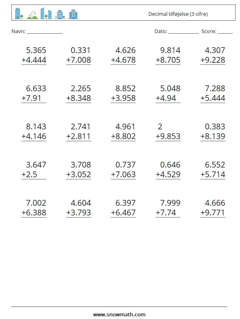 (25) Decimal tilføjelse (3 cifre) Matematiske regneark 10