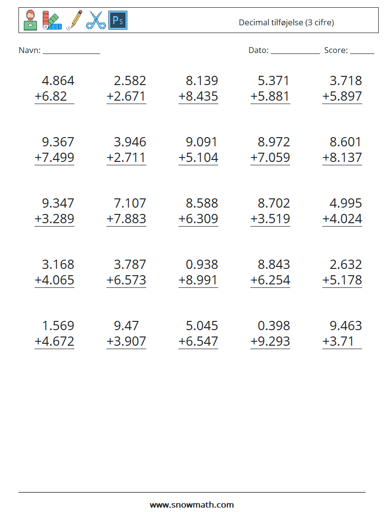 (25) Decimal tilføjelse (3 cifre) Matematiske regneark 11