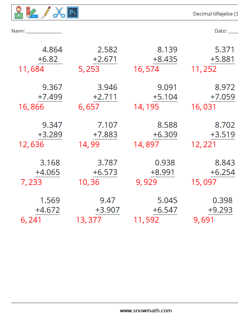 (25) Decimal tilføjelse (3 cifre) Matematiske regneark 11 Spørgsmål, svar