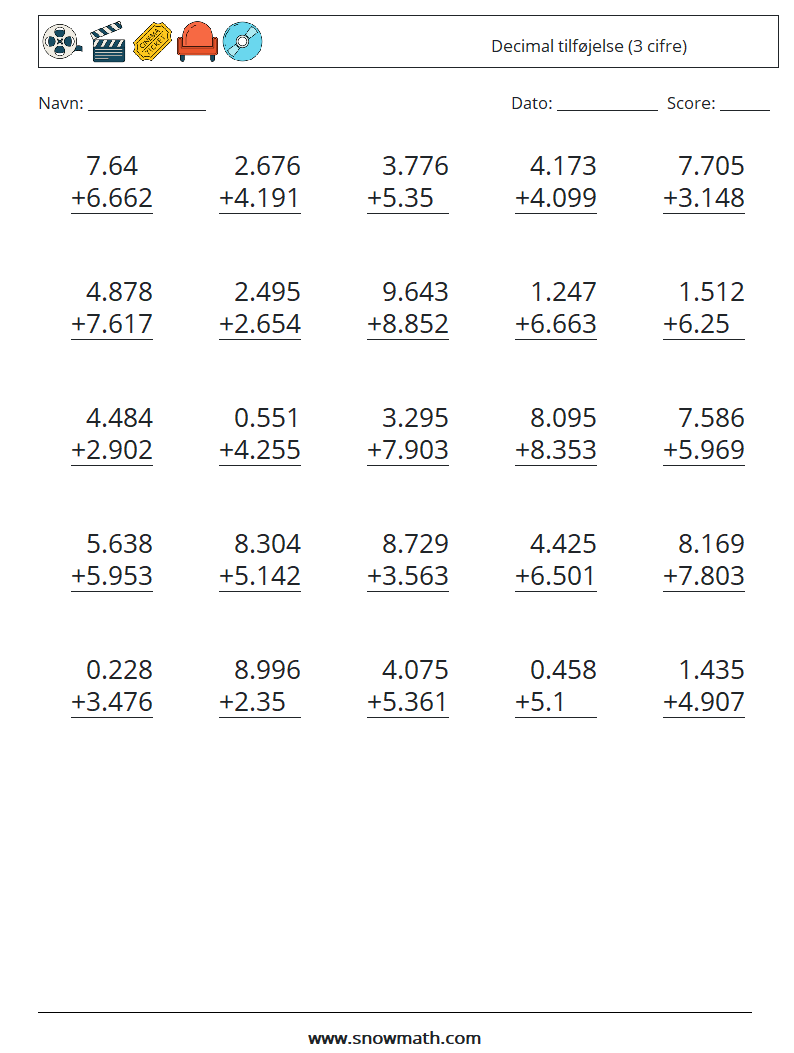 (25) Decimal tilføjelse (3 cifre) Matematiske regneark 12