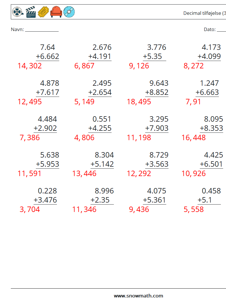 (25) Decimal tilføjelse (3 cifre) Matematiske regneark 12 Spørgsmål, svar