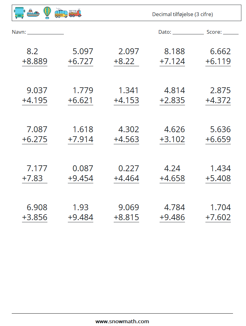 (25) Decimal tilføjelse (3 cifre) Matematiske regneark 13