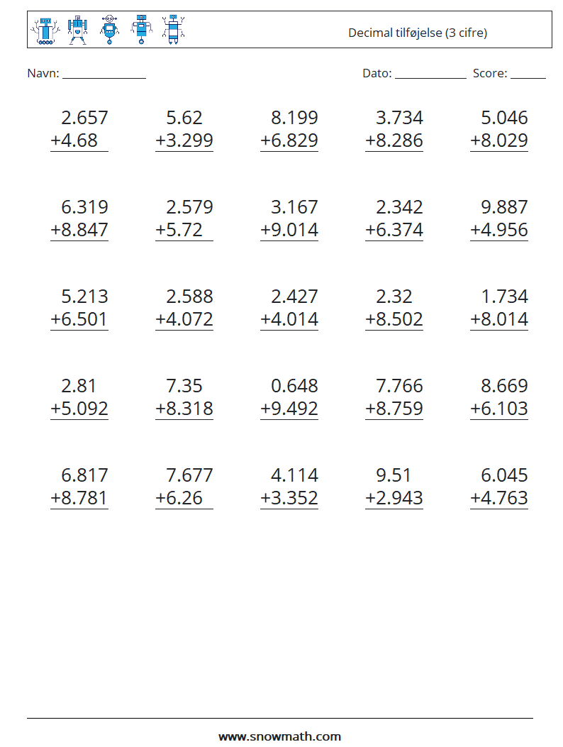 (25) Decimal tilføjelse (3 cifre) Matematiske regneark 14