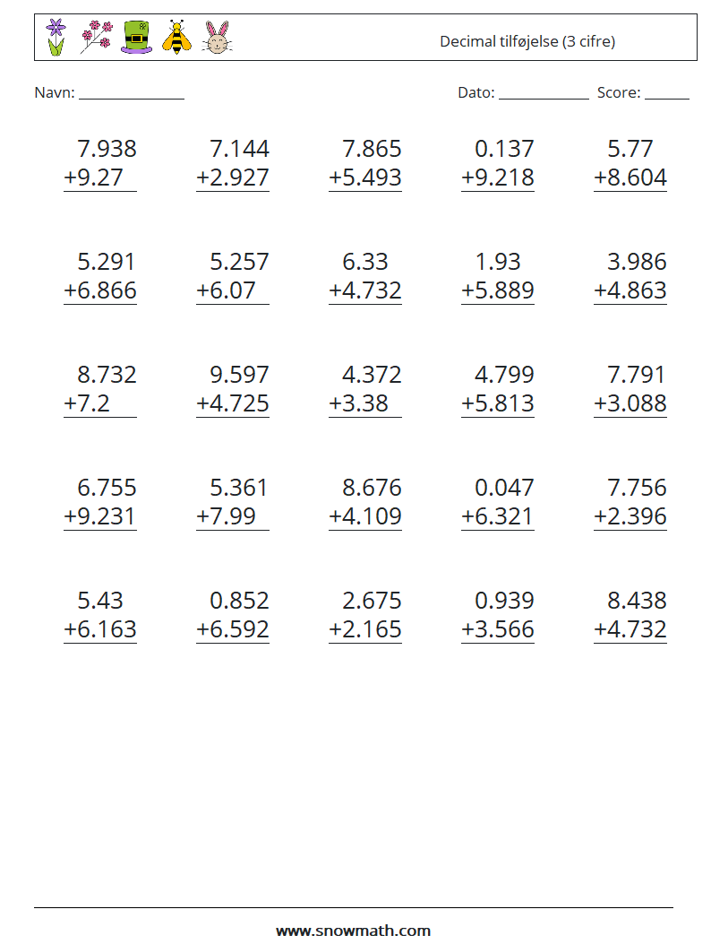 (25) Decimal tilføjelse (3 cifre) Matematiske regneark 15