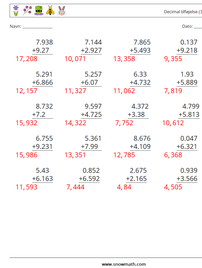 (25) Decimal tilføjelse (3 cifre) Matematiske regneark 15 Spørgsmål, svar