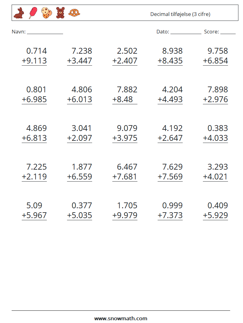 (25) Decimal tilføjelse (3 cifre) Matematiske regneark 16