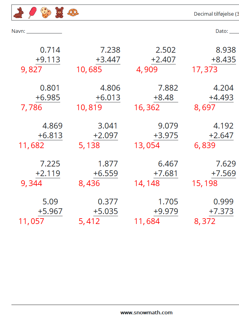 (25) Decimal tilføjelse (3 cifre) Matematiske regneark 16 Spørgsmål, svar