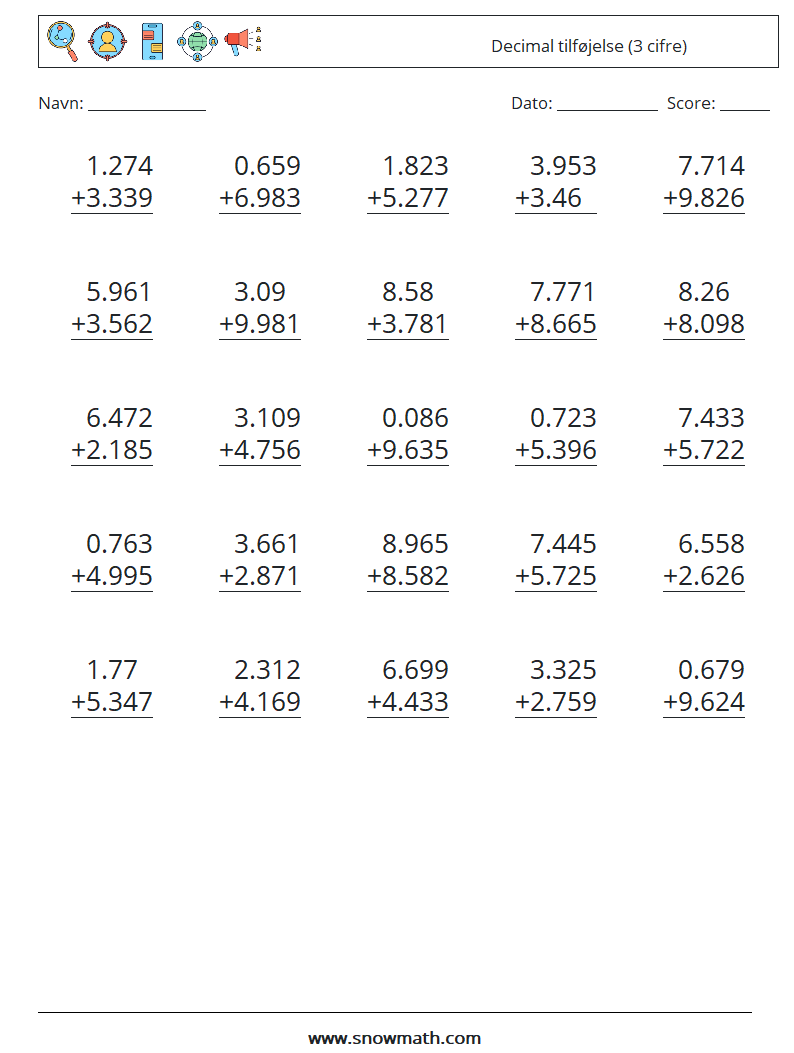 (25) Decimal tilføjelse (3 cifre) Matematiske regneark 17