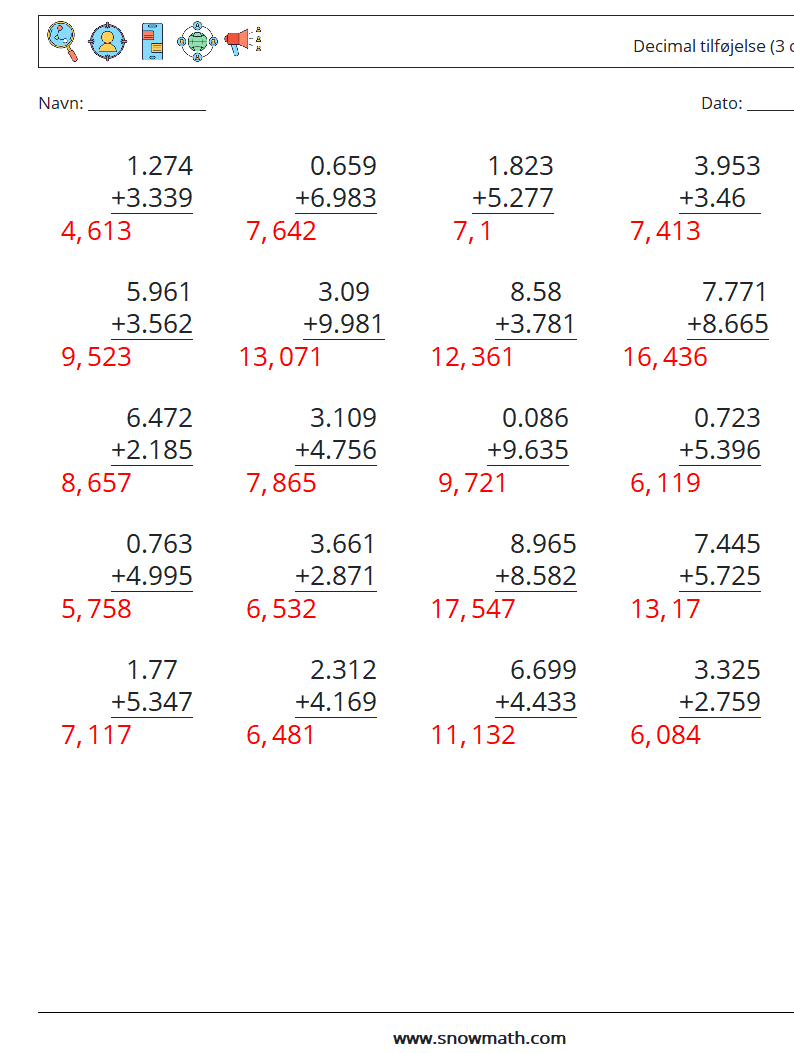 (25) Decimal tilføjelse (3 cifre) Matematiske regneark 17 Spørgsmål, svar