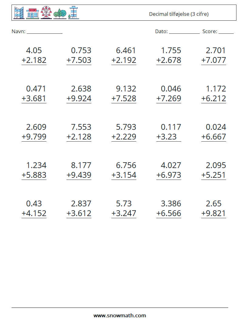 (25) Decimal tilføjelse (3 cifre) Matematiske regneark 18