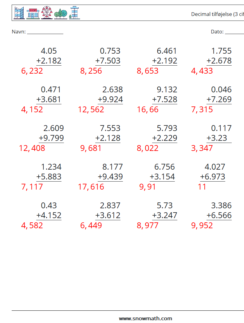 (25) Decimal tilføjelse (3 cifre) Matematiske regneark 18 Spørgsmål, svar