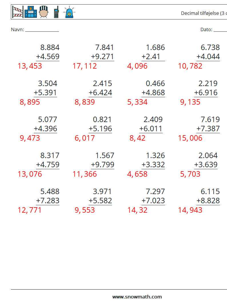 (25) Decimal tilføjelse (3 cifre) Matematiske regneark 1 Spørgsmål, svar