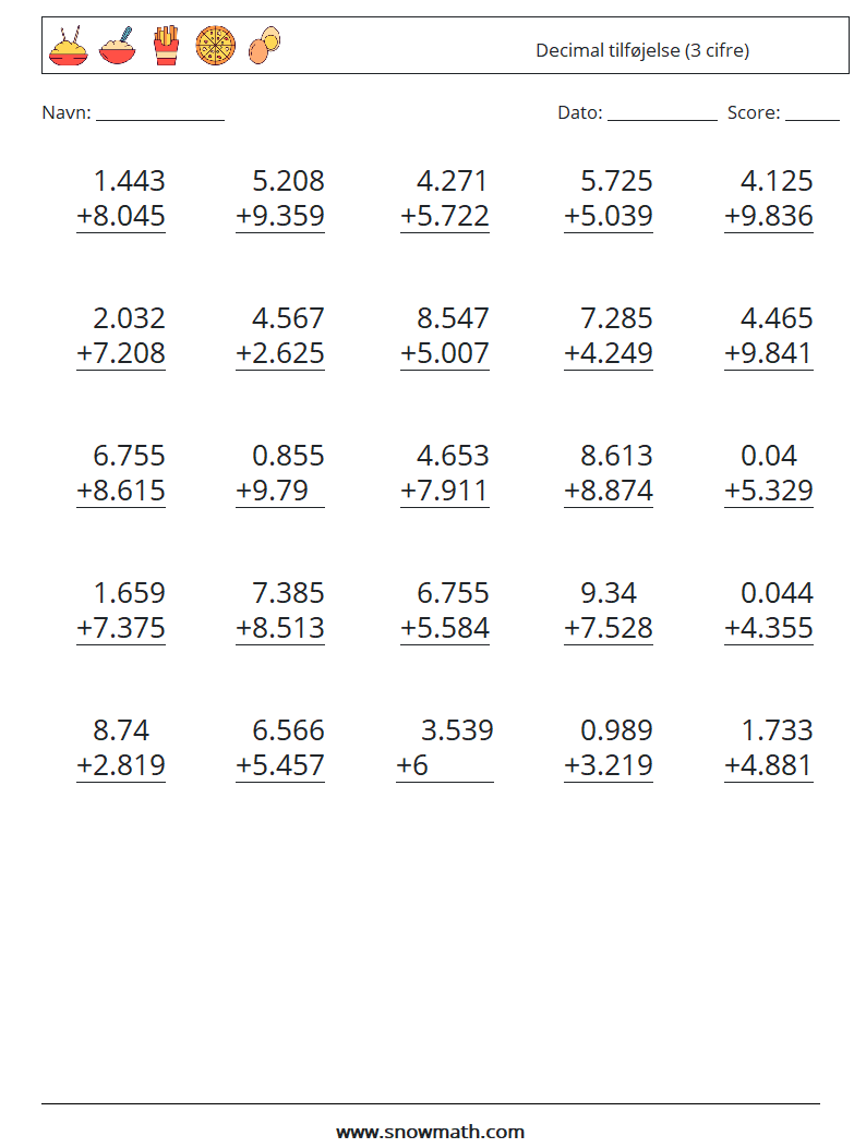 (25) Decimal tilføjelse (3 cifre) Matematiske regneark 2