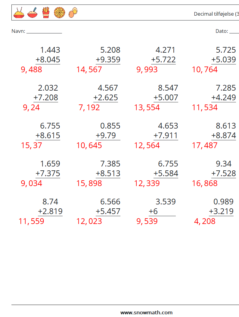 (25) Decimal tilføjelse (3 cifre) Matematiske regneark 2 Spørgsmål, svar