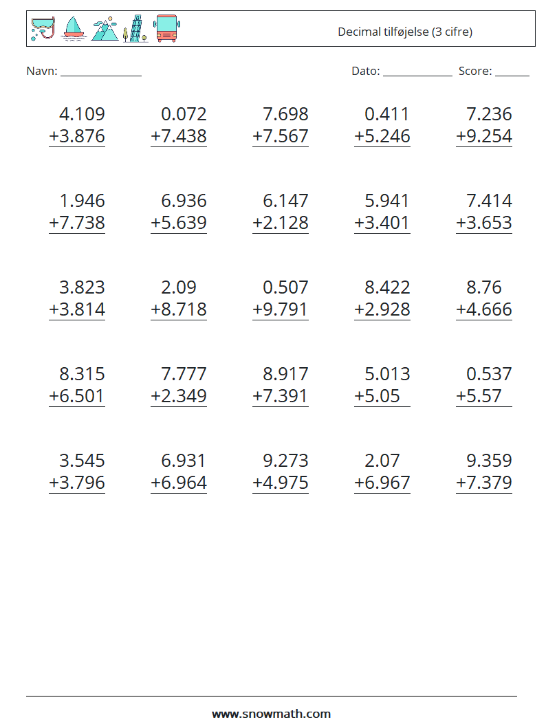 (25) Decimal tilføjelse (3 cifre) Matematiske regneark 3