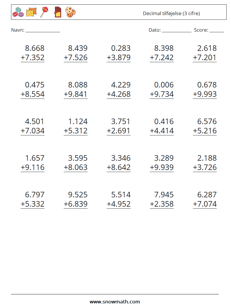 (25) Decimal tilføjelse (3 cifre) Matematiske regneark 4